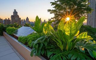 Rooftop garden with lush greenery and solar panels at sunset in an urban setting photo