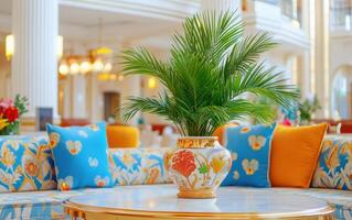 Sago palm adds lush greenery to elegant hotel lobby with colorful decor and vibrant seating arrangements photo