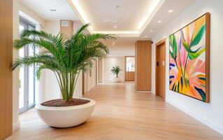 Sagopalm enhances the modern hallway with vibrant decor in a stylish interior setting photo
