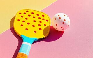 Stylish pickleball paddle and ball set against a vibrant pink and yellow background on a sunny day for outdoor play photo