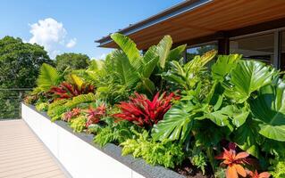 Rooftop garden overflowing with vibrant greenery and tropical plants under a clear blue sky photo