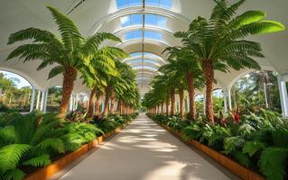 Giant ferns thrive in futuristic urban setting with bright skylights and lush greenery photo