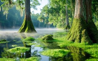 Ancient swamp landscape showcasing moss-covered trees and vibrant aquatic plants under soft morning light photo