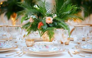 Elegant wedding reception table adorned with lush floral arrangements and vintage tableware in a historic venue photo