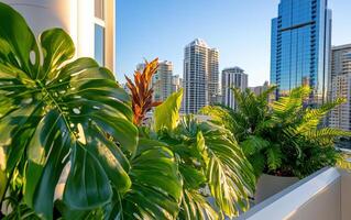 Vertical garden showcasing lush greenery against a modern urban skyline at sunset photo