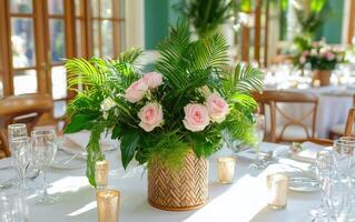 Wedding reception setup with elegant floral arrangements and candlelight in a bright dining space photo