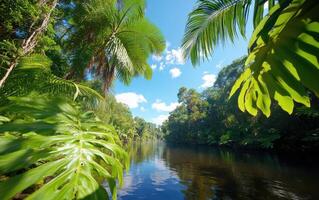 Giant ferns thrive along a tranquil river in a lush tropical rainforest under a clear blue sky photo