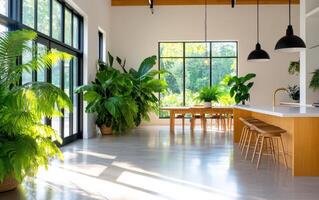 Lush giant ferns thrive in a serene and modern indoor space surrounded by natural light photo