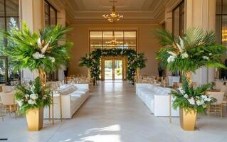Upscale event showcasing elegant decor and lush greenery in a luxury venue photo