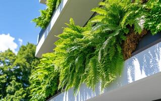 Modern apartment building with lush ferns on balconies in a vibrant urban setting under clear blue sky photo