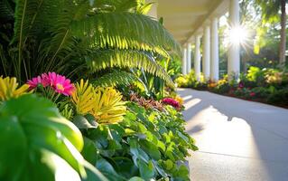 Lush modern garden featuring vibrant flowers and sunlight streaming through foliage at a serene pathway photo