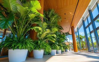 Vertical garden flourishing in a modern architectural space with natural light and wooden elements photo