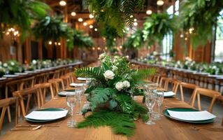 Elegant wedding reception setup featuring lush centerpieces and inviting atmosphere in nature-inspired venue photo