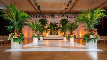 Stage design featuring prehistoric plants with tropical elements creating a vibrant atmosphere for an event photo