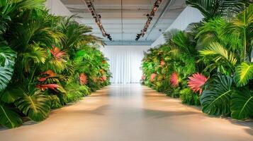 Creative stage design featuring lush prehistoric plants and vibrant tropical foliage for an event photo