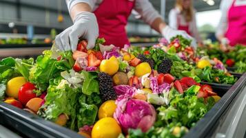 Workers process organic waste at a waste recycling facility during daytime operations photo