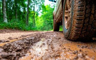 Muddy off-road tires navigating through a wet dirt road surrounded by lush green forest vegetation photo
