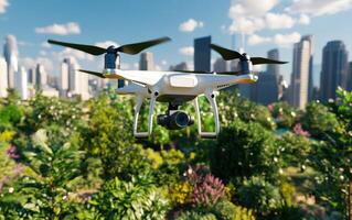 Urban soil regeneration efforts showcased by drone technology in a vibrant city landscape photo