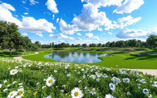 Exploring a vibrant public park with a tranquil pond surrounded by wildflowers on a sunny day photo