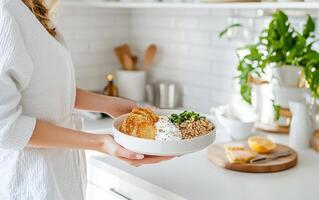 Morning routine includes healthy meal preparation with fresh ingredients and a cozy kitchen atmosphere photo