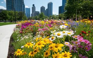 Beautiful wildlife-friendly square transformed with vibrant flowers amidst urban skyline photo