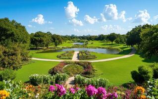 Lush green park with vibrant flowers and water features inviting visitors to relax and enjoy nature photo