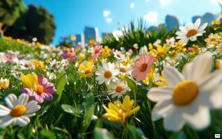 Colorful wildflowers bloom vibrantly in a sunny park setting with skyscrapers in the background photo