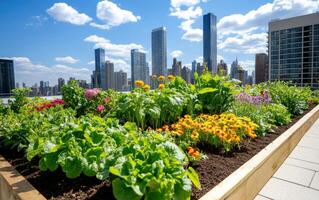 Vibrant rooftop garden showcasing diverse plants with city skyline in the background under a bright blue sky photo