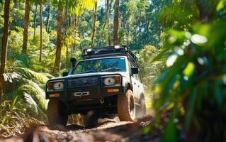Off-road vehicle navigating through a dense forest trail during daytime adventure near lush greenery photo