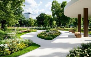 Lush green park with vibrant flowers and modern seating areas under a clear sky in a lively urban setting photo