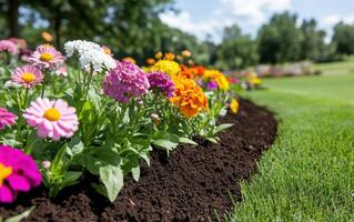 Vibrant flower beds showcasing AI-enhanced soil in a lush green park during sunny weather photo