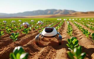 Advanced robots utilize technology to regenerate crops in a futuristic agricultural landscape photo