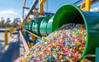 Innovative plastic conversion technology transforming waste into colorful materials at processing facility photo