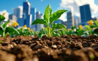 Urban farming technique showcasing vibrant plant growth amidst towering city skyline photo