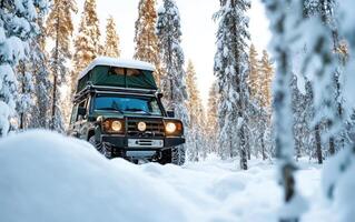 Off-roading adventure in a snowy forest during winter camping trip photo