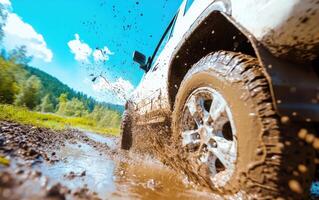 Vehicle traverses through deep mud in a rugged landscape under a clear blue sky photo