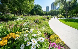 Vibrant green space filled with flowers in a bustling urban area where people enjoy a sunny day photo