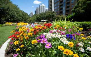 Vibrant garden filled with diverse flowers continuously blooming in an urban setting during a sunny afternoon photo