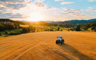 Crops being tended to by a small tractor at sunset in a vibrant field surrounded by hills photo