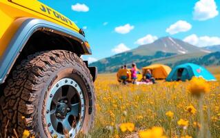 Exploring nature with a diverse group while camping in a vibrant meadow under clear skies photo