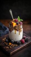 Fresh yogurt parfait with granola, mixed berries, and honey served in a jar on a rustic wooden board photo