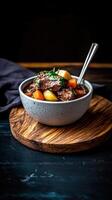 Hearty beef stew with farm-fresh vegetables served in a rustic bowl on a wooden board photo