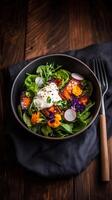 Fresh farm to table salad featuring vibrant greens, edible flowers, and creamy toppings served on rustic wooden table photo
