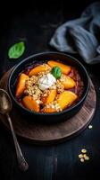 Delicious baked peach crumble topped with cream and fresh basil for a farm to table experience photo
