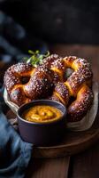 Warm pretzel with dipping sauce served on a wooden platter in a cozy setting during evening hours photo