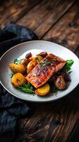 Freshly cooked salmon with roasted potatoes and spinach, showcasing a vibrant farm to table meal prepared with seasonal ingredients photo