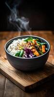 Fresh vegetables and rice served in a bowl showcasing farm to table culinary practices photo