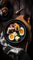 Delicious farm to table breakfast featuring fresh baked bread, soft boiled eggs, and honey photo