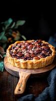 Delicious farm to table pecan pie with a golden crust and rich filling nestled on a wooden serving board photo
