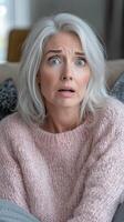 Woman with gray hair and shocked expression in cozy sweater photo